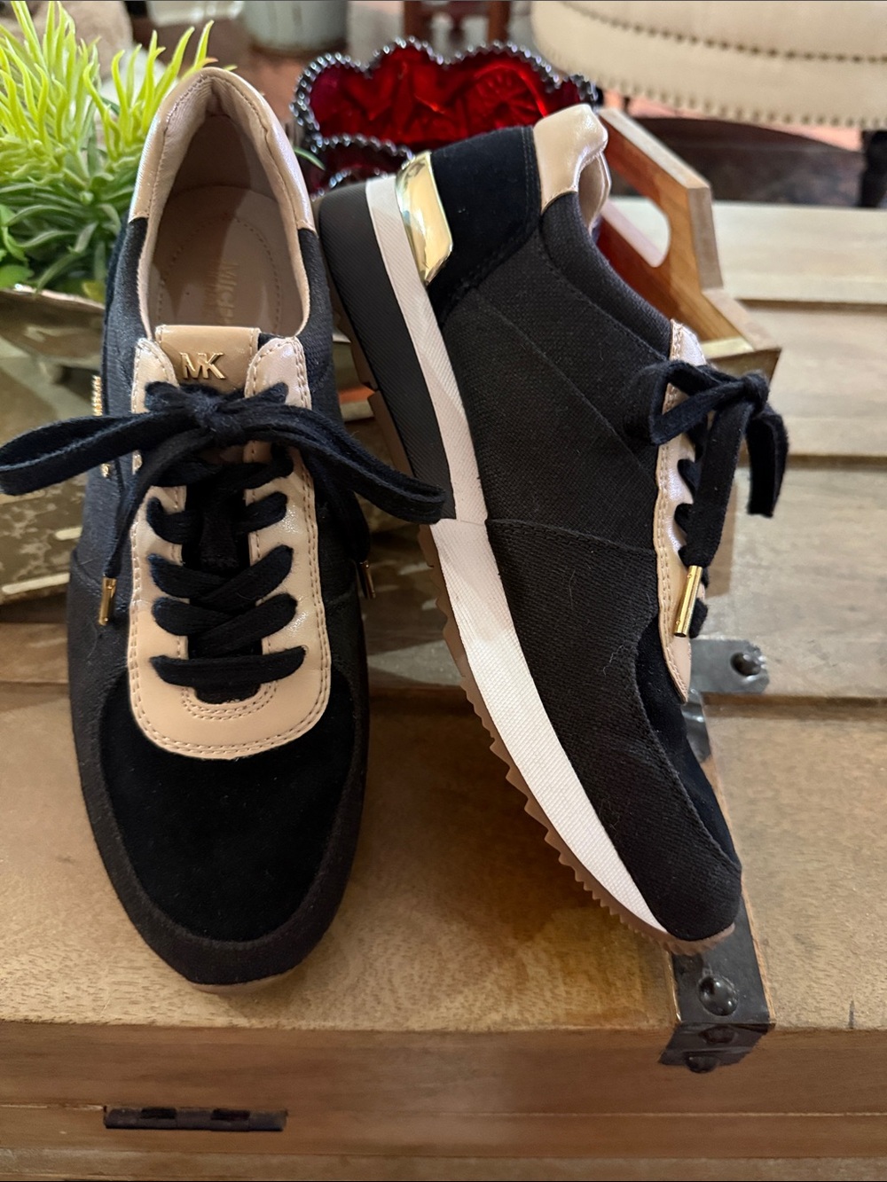 Michael Kors Black and Cream Lace-Up Low Top Sneakers with Gold Accents